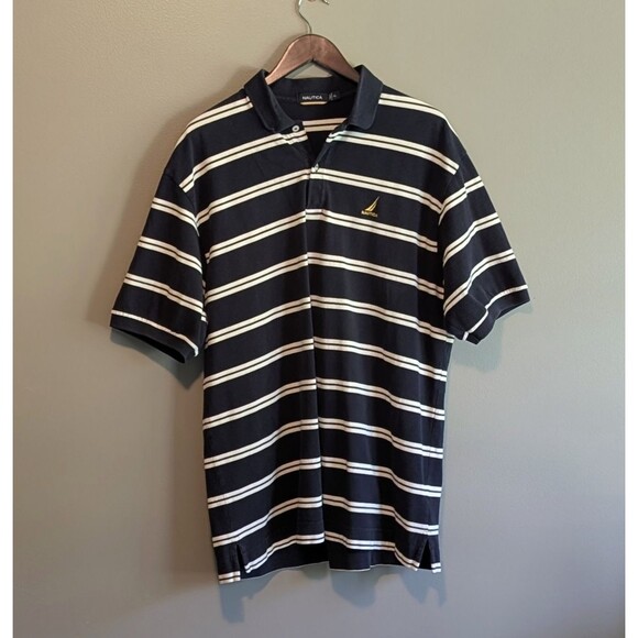 Nautica Size XL Polo Shirt Mens Black White Stripe Top Extra Large Short Sleeve - Picture 1 of 3